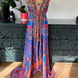 Sakkas Beaded V-Neck Maxi Dress in Blue & Orange